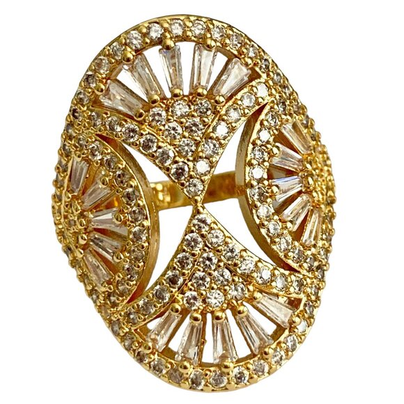 Art Deco Cubic Zirconia Cocktail Ring Yellow Gold Plated Size 7 8 9 Statement - Picture 14 of 15